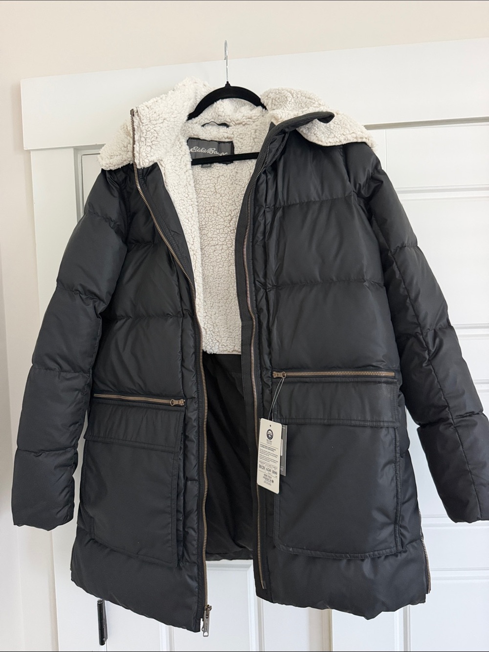 Eddie Bauer Women's Black Sherpa-Lined Puffer Coat - Large Tall